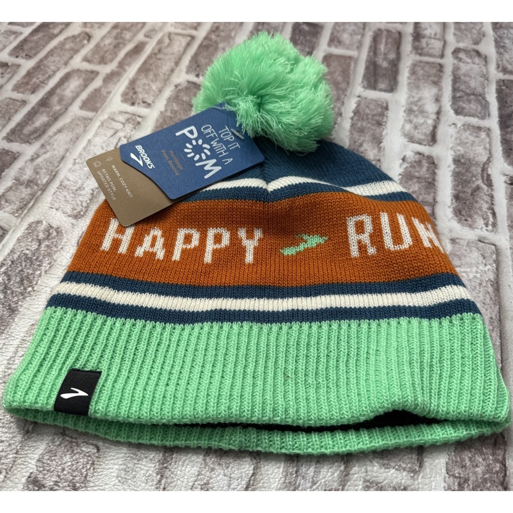 Brooks Heritage Pom Beanie Happy Run Brand New Winter‎ Hat Exercise Workout Gear